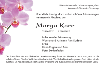 Traueranzeige von Marga Kurz von Hersbrucker Zeitung