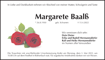 Traueranzeige von Margarete Baalß von Pegnitz-Zeitung