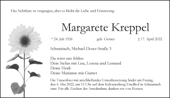 Traueranzeige von Margarete Kreppel von Pegnitz-Zeitung