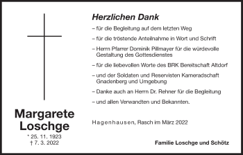 Traueranzeige von Margarete Loschge von Der Bote