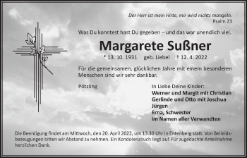 Traueranzeige von Margarete Sußner von Der Bote