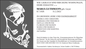 Traueranzeige von Maria Guthmann von Pegnitz-Zeitung