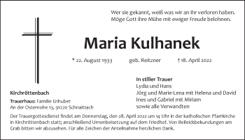 Traueranzeige von Maria Kulhanek von Pegnitz-Zeitung