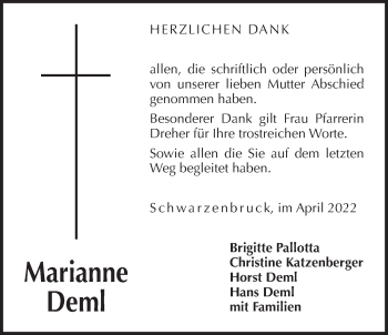 Traueranzeige von Marianne Deml von Der Bote