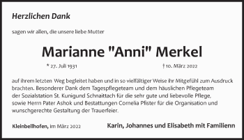 Traueranzeige von Marianne Merkel von Pegnitz-Zeitung