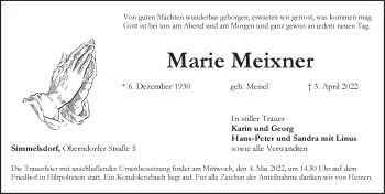 Traueranzeige von Marie Meixner von Pegnitz-Zeitung