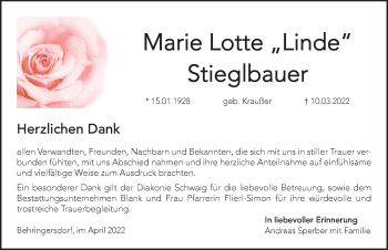 Traueranzeige von Marie Lotte Stieglbauer von Pegnitz-Zeitung