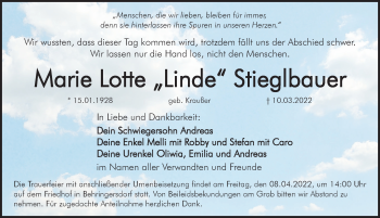 Traueranzeige von Marie Lotte Stieglbauer von Pegnitz-Zeitung