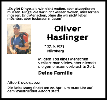 Traueranzeige von Oliver Haslinger von Der Bote