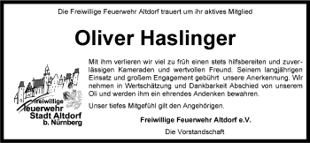 Traueranzeige von Oliver Haslinger von Der Bote
