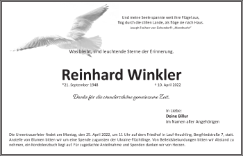 Traueranzeige von Reinhard Winkler von Pegnitz-Zeitung