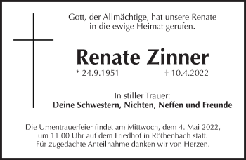 Traueranzeige von Renate Zinner von Pegnitz-Zeitung