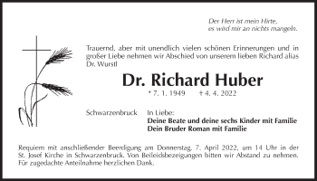 Traueranzeige von Richard Huber von Der Bote