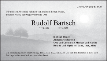 Traueranzeige von Rudolf Bartsch von Pegnitz-Zeitung