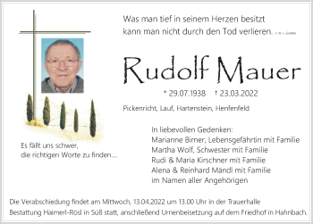 Traueranzeige von Rudolf Mauer von Hersbrucker Zeitung