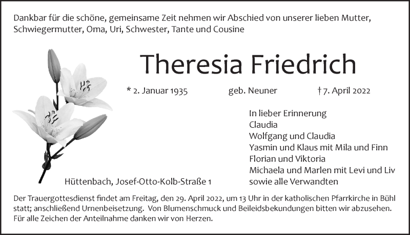  Traueranzeige für Theresia Friedrich vom 23.04.2022 aus Pegnitz-Zeitung