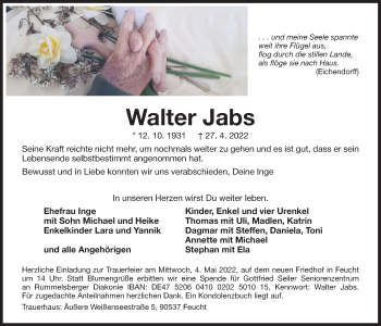 Traueranzeige von Walter Jabs von Der Bote