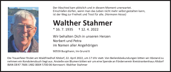 Traueranzeige von Walther Stahmer von Der Bote
