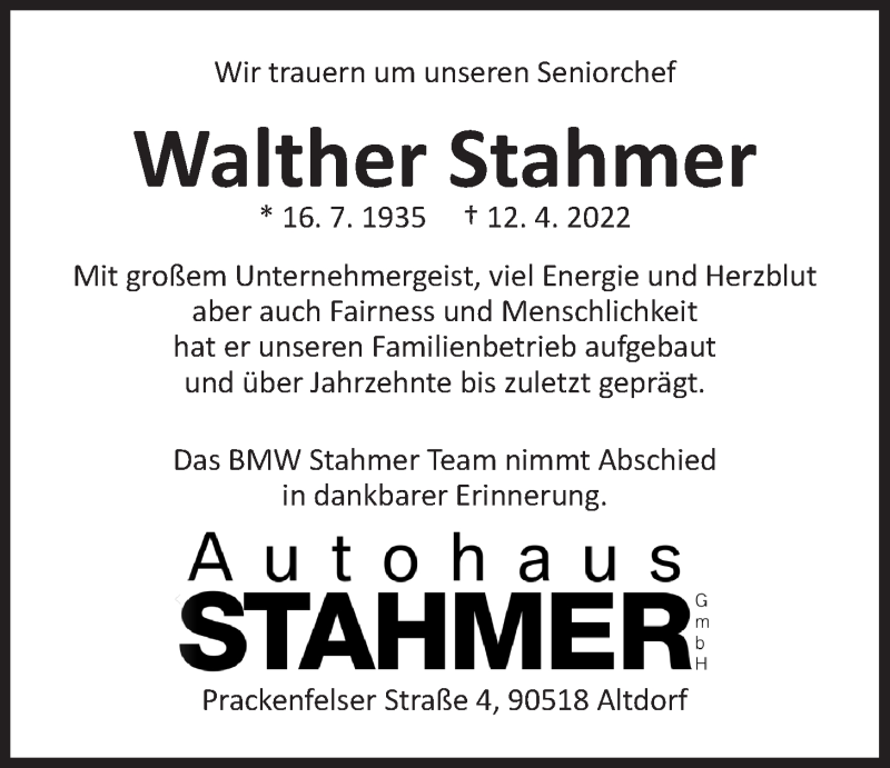  Traueranzeige für Walther Stahmer vom 16.04.2022 aus Der Bote