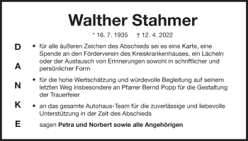 Traueranzeige von Walther Stahmer von Der Bote