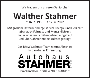 Traueranzeige von Walther Stahmer von Der Bote