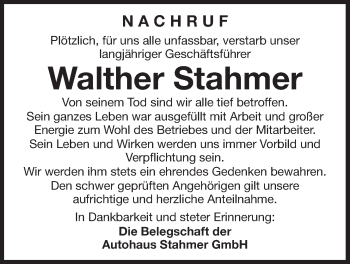 Traueranzeige von Walther Stahmer von Der Bote