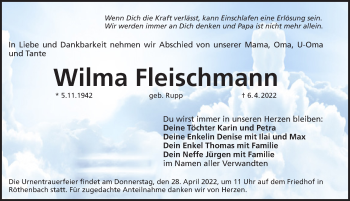 Traueranzeige von Wilma Fleischmann von Pegnitz-Zeitung