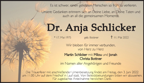 Traueranzeige von Anja Schlicker von Pegnitz-Zeitung