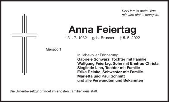 Traueranzeige von Anna Feiertag von Der Bote