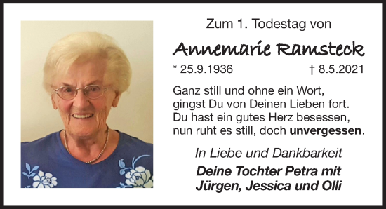 Traueranzeige von Annemarie Ramsteck von Pegnitz-Zeitung