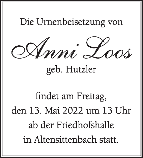 Traueranzeige von Anni Loos von Hersbrucker Zeitung