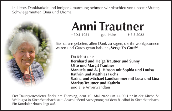 Traueranzeige von Anni Trautner von Pegnitz-Zeitung
