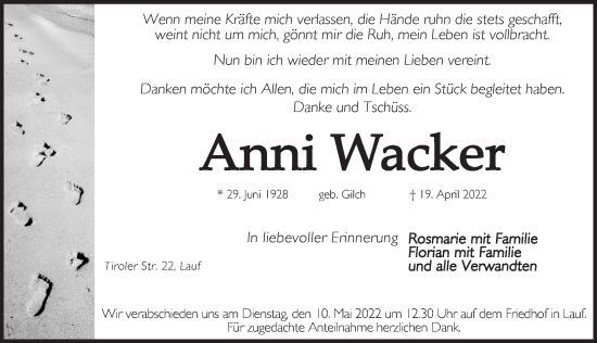 Traueranzeige von Anni Wacker von Pegnitz-Zeitung