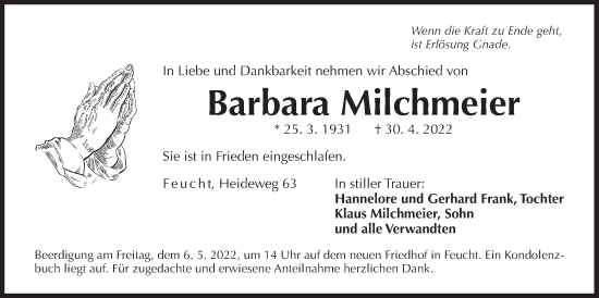 Traueranzeige von Barbara Milchmeier von Der Bote