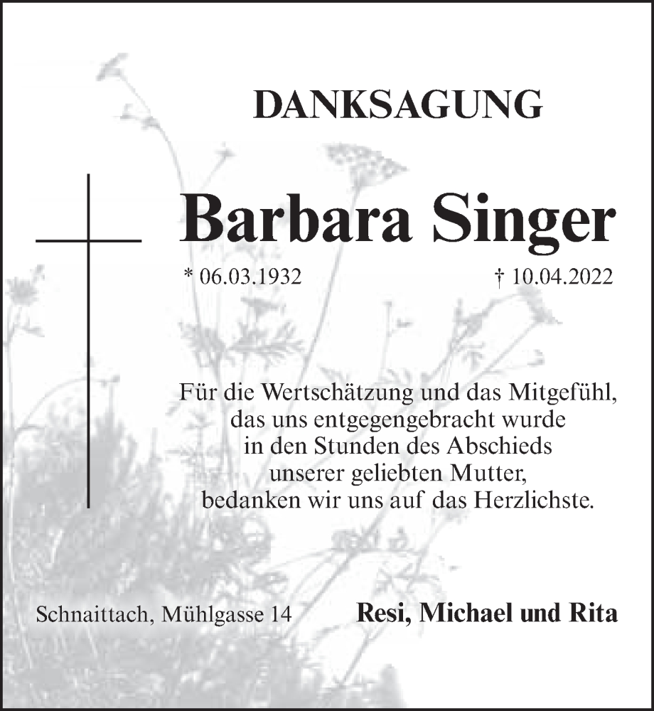  Traueranzeige für Barbara Singer vom 14.05.2022 aus Pegnitz-Zeitung