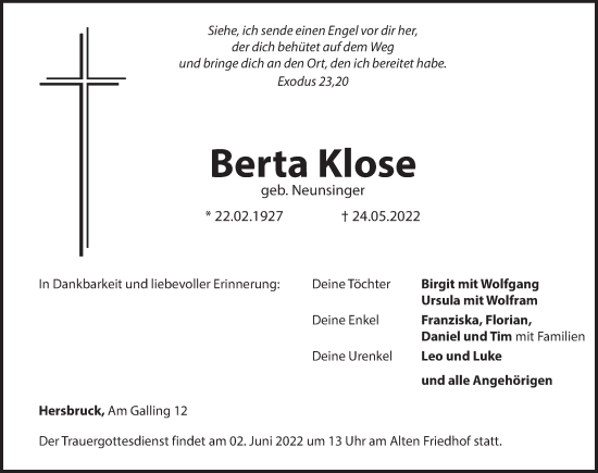 Traueranzeige von Berta Klose von Hersbrucker Zeitung