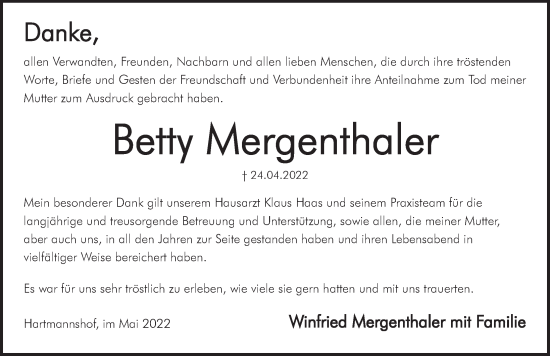 Traueranzeige von Betty Mergenthaler von Hersbrucker Zeitung