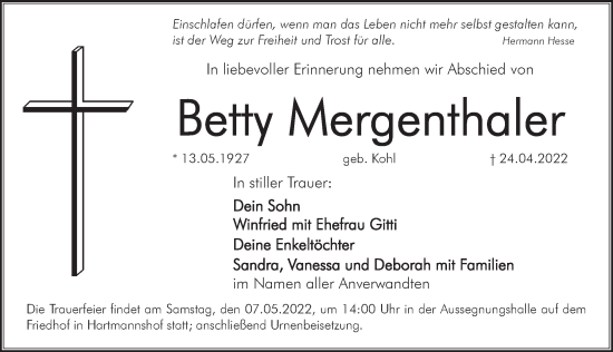 Traueranzeige von Betty Mergenthaler von Hersbrucker Zeitung