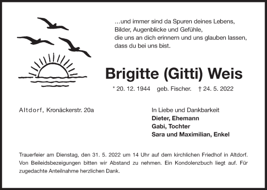 Traueranzeige von Brigitte Weis von Der Bote