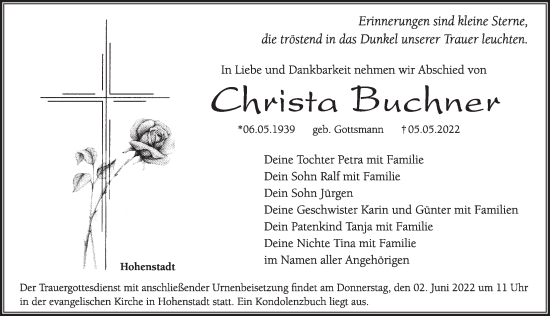Traueranzeige von Christa Buchner von Hersbrucker Zeitung