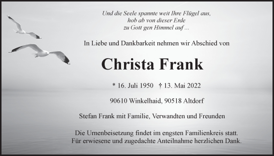 Traueranzeige von Christa Frank von Der Bote