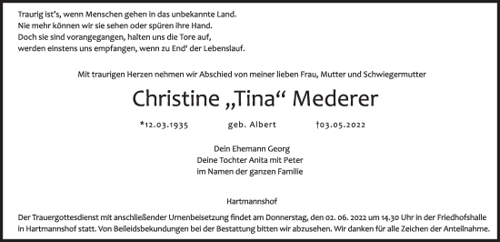 Traueranzeige von Christine Mederer von Hersbrucker Zeitung