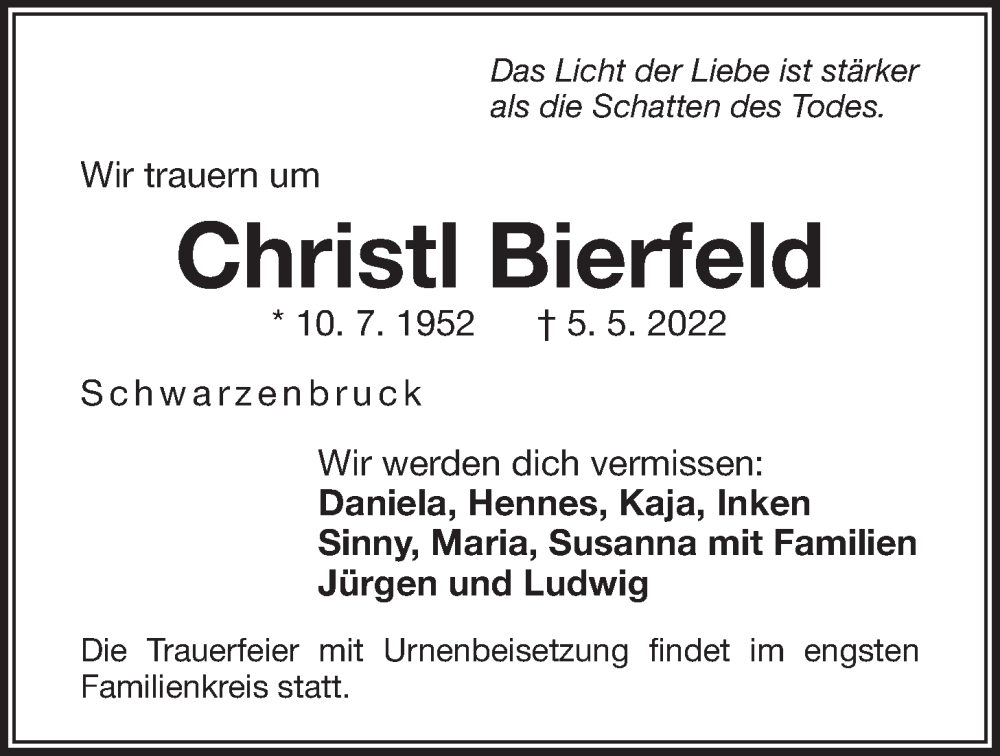  Traueranzeige für Christl Bierfeld vom 14.05.2022 aus Der Bote