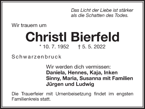 Traueranzeige von Christl Bierfeld von Der Bote