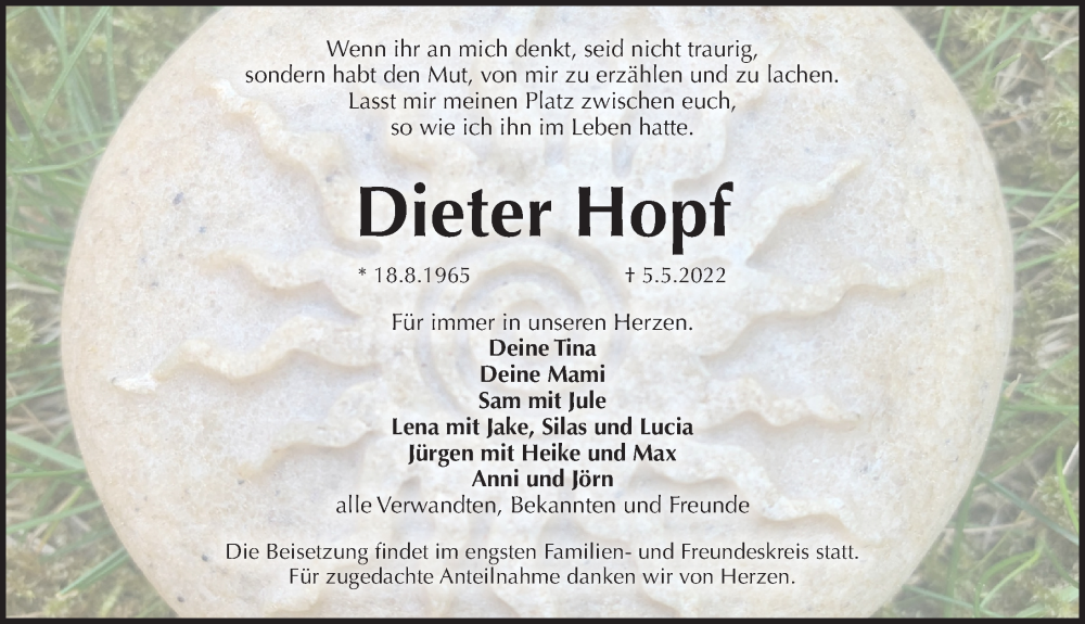  Traueranzeige für Dieter Hopf vom 14.05.2022 aus Pegnitz-Zeitung