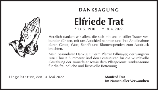 Traueranzeige von Elfriede Trat von Der Bote
