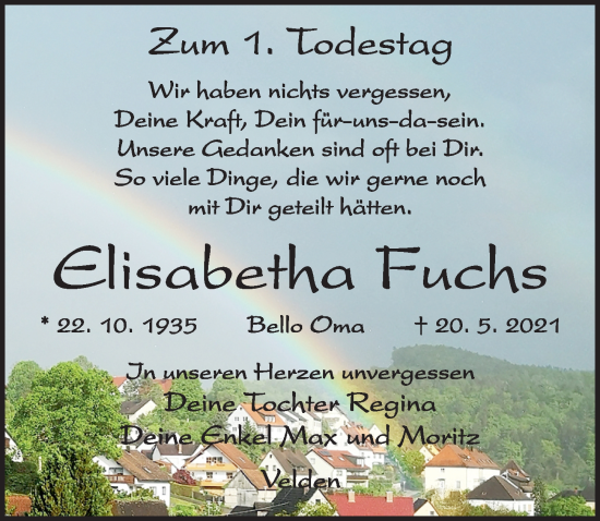 Traueranzeige von Elisabetha Fuchs von Hersbrucker Zeitung