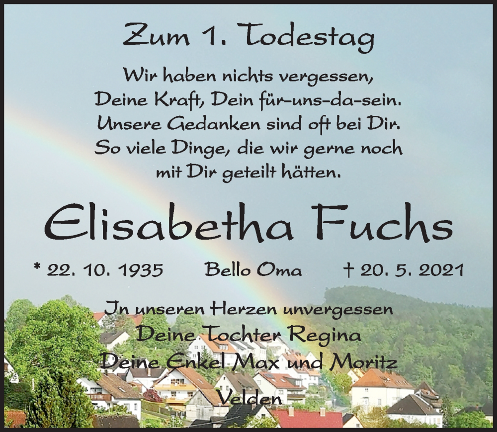  Traueranzeige für Elisabetha Fuchs vom 20.05.2022 aus Hersbrucker Zeitung