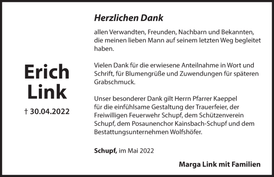 Traueranzeige von Erich Link von Hersbrucker Zeitung