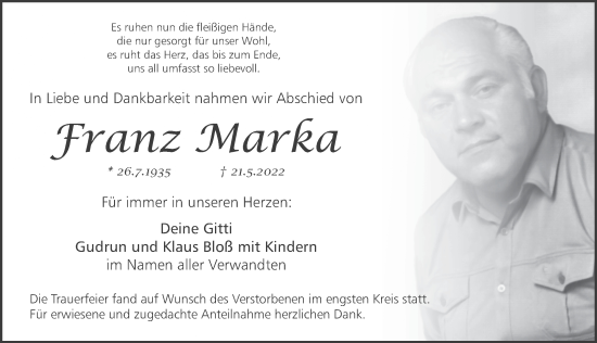 Traueranzeige von Franz Marka von Pegnitz-Zeitung